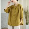 Camiseta de Manga Corta de Hilo de Algodón de Doble Capa para Mujer Primavera y Verano Artística Holgada Cubre Carne Sencilla Moda Color Sólido Top 81233