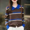 Nuevo Cárdigan de Punto para Otoño e Invierno 2025 con Cuello Polo de Lana Peinada, Rayas de Bloques de Color, Suelto para Mujer