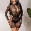 Lingerie sexy feminina europeia e americana, perspectiva dividida, peito escavado, shorts de malha de uma peça em ambos os lados