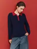 Suéter de punto trenzado con bloques de color retro y cuello polo para mujer, adecuado para primavera y otoño, ropa de Año Nuevo, top suave y acogedor de manga larga
