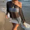 12191 Nuevo producto transfronterizo europeo y americano: ropa de protección solar para la playa, corte holgado, sexy, transparente, top tipo chal de manga larga para cubrir