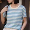 Top básico de punto elástico a rayas de manga corta para mujer, agradable para la piel, adecuado para ir al trabajo, elegante, para el día a día, vintage, cuello redondo, para capas