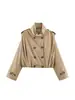 Fábrica de Origen Transfronteriza Gabardina Corta con Cuello Alto para Mujer Estilo Retro Casual Doble Botonadura Hombreras Manga Larga Cordón Elástico Fruncido Chaqueta