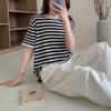 Verano Nuevo Fresco Suave Cómodo Suelto Combinable Seda de Morera ~ Tencel Suéter de Punto de Manga Corta con Cuello Redondo a Rayas para Mujer T