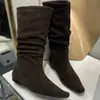 Botas Coreanas Cuadradas de Media Caña para Mujer, Otoño/Invierno 2026, Botines Plisados de Verano, Botas Largas de Tacón Medio, Botas de Moda Marrones