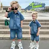 Conjunto de Verano para Niños Bost con Letras en Mezclilla, Atuendo de Dos Piezas de Manga Corta Moderno y Elegante para Niños, Comercio Exterior Transfronterizo