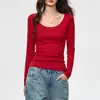 Algodão penteado 40 fios, etiqueta na gola, camiseta de manga longa com decote U grande estilo francês que valoriza o corpo para mulheres, nova blusa de outono, peça básica