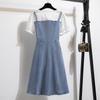 Foto Real de Vestido Jeans com Suspensório para Mulheres Primavera e Outono 2026 Color-Blocking Renda Vintage Solto Reto Formato H Comprimento Médio