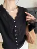Novo cardigã de suéter com decote em V para outono para mulheres, estilo coreano solto, renda fina, comprimento curto, retalhos, manga longa, malha, camada base, peça externa