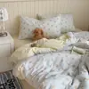 Conjunto de cama de quatro peças 100% algodão estilo coreano, capa de edredom de algodão puro estampada estilo INS, conjunto fofo de três peças para beliches de dormitório estudantil