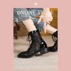 Novos Sapatos Femininos 2025 Verão Spliced Renda Malha Baixo Cano Botas Martin Salto Grosso Sola Grossa Bico Quadrado Malha Respirável Sandálias