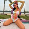 Chaqueta de bikini de playa colorida europea y americana sexy lencería sexy cuello alto red de pesca ajustada de dos piezas de malla