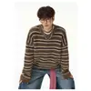 Suéter Retro Americano de Rayas y Bloques de Color con Cuello Redondo para Hombres y Mujeres Otoño Marca de Moda Cardigan Perezoso Holgado Ajuste Relajado Ropa de Abrigo