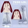 Conjunto de Dos Piezas a la Moda para Niños Grandes de Primavera y Otoño con Sudadera con Capucha en Bloques de Color y Jeans Casuales con Estrellas Personalizados