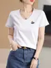 Top de Algodón y Seda para Mujer, Manga Corta, Ajustado, Color Sólido, Bordado de Cisne en V, para el Trabajo, Nuevo Primavera/Verano, Todo Algodón