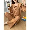 Pijama Longo Floral Vermelho Coreano Pequeno para Mulheres Primavera e Outono Algodão Nuvem Novo Solto Renda Conjunto para Casa