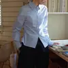 Camisa de Manga Larga a Cuadros Azules Pequeños con Cintura Fruncida Estilo Intelectual SS 2025