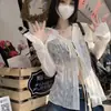 Camisa de Solapa Diseñada para Mujer Verano Delgada de Manga Larga con Cordones Cardigan Protector Solar Aspecto Adelgazante de Cintura Superior