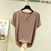 Nueva camiseta de algodón fina de verano para mujer, cuello en V, manga corta, color liso, corte holgado, versátil, talla grande, top de manga corta