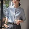 Camisa Azul de Manga Corta con Cuello Diseño de Verano para Mujer Camisa Suelta de Manga Media Algodón para Trabajo, Viajes, Entrevistas