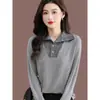 Solapa para Mujer 2025 Otoño e Invierno Nuevo Color Bloqueado Rayas Falso Dos Piezas Suéter Camisa Base Estilo Occidental Top
