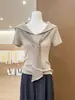 Suéter de Punto Acanalado con Cuello de Corbata a Rayas Azul Marino para Mujer, Nuevo Estilo Primavera/Verano 2026, Corte Ajustado, Top Elegante, Foto Real~