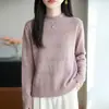 Nueva Colección Otoño/Invierno 2026: Suéter de punto para mujer de manga larga con dobladillo enrollado y cuello semialto, Camiseta base de color liso calada
