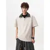 2026 Verão Novo Estilo Retrô Americano Color-Blocking Camisa Polo com Meio Zíper Manga Curta Camiseta Tamanho Grande Caimento Solto