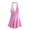 Atacado Transfronteiriço 2024 Primavera Novo Moda Europeia e Americana Francês Sexy Decote Halter Sem Costas Vestido com Textura de Cetim de Seda