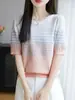 Top de Verano Delgado para Mujer de Manga Corta con Color Degradado de Seda de Hielo, Textura Degradada, Cuello Redondo, Estilo Suave de Nicho, Versátil