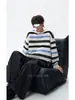 Suéter Listrado Color Block Americano Gola Redonda Masculino Outono Inverno Retrô Nicho Preguiçoso Tricô Solto Emagrecedor Suéter de Lã