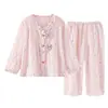 Pijama cardigan de algodão com estampa de nuvem de desenho animado para meninas, um conjunto fofo e de corte solto de duas peças para meninas, adequado para primavera e outono