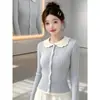 Cardigan de Tricô Botões Manga Longa Gola Boneca Doce para Mulheres, Novo Suéter Casual Versátil Slim-Fit Outono/Inverno para Roupa Externa