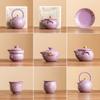 Juego de té Kung Fu Ru Kiln, producto único, tetera con dibujo de peonía plateada, color lila y morado, taza maestra, tetera, taza de té