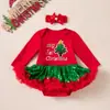 Venta directa de fábrica vestido navideño para niña pequeña enterizo de malla con lentejuelas de manga larga para bebé con diadema y calentadores de piernas conjunto