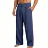 2026 Estilo Novo Primavera e Verão Transfronteiriço Botão Irregular Branco Tamanho Grande Estilo Americano Cintura Inclinada Linho Casual Calça Longa de Perna Larga para Homens