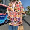 Camisa de estampado completo estilo París francés para hombres y mujeres, unisex, versión coreana, estampado floral maduro, cárdigan con cuello, ropa de playa