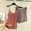 Conjunto de camisola y shorts de modal para mujer, de verano, holgado, fino, color liso, capa base, adelgazante y apto para usar como prenda exterior, conjunto de dos piezas