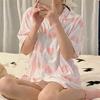 Ins estilo coreano rosa azul cuadros oso caricatura pijama dulce para mujer manga corta shorts solapa cárdigan seda de leche ropa para el hogar