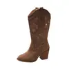 Botas Western de Ante con Tacón Grueso Bordado para Mujer 2026 Nuevo Estilo Slip-on Caladas Botas de Jinete Vaqueras Botas Martin de Media Caña
