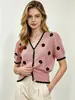 Cárdigan de punto floral tridimensional de fábrica de origen directo transfronterizo para mujer, cuello en V, bloques de color de onda, manga abullonada, top corto