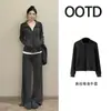 Cardigan Casual Esportivo Listrado Cinza para Mulheres, Jaqueta de Gola Alta para Outono, Top Curto Ajustado e Calças, Conjunto Estilo Coreano para Início do Outono