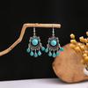 Pendientes Retro Étnicos Europeos y Americanos Turquesa Azul Flor Circular Calada Pendientes Largos con Borla Joyería para Oreja de Búho Lágrima