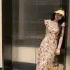 Vestido Floral de Estilo Suave para Mulheres 2026 Verão Novo Estilo Elegante Mangas Curtas tipo Asa Laço Rosa Gola U Corte Evasê Longo
