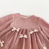 Nuevo vestido tipo mameluco de otoño para niñas, conjunto dulce de una pieza con lazo y manga larga para bebés, adecuado para fiestas de primer cumpleaños y eventos