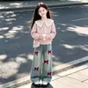 Moletom Estilo Coreano Doce Estilo College Gola Azul Marinho para Crianças Médias e Grandes Conjunto de Duas Peças Calças Wide-Leg Versáteis Casuais Primavera/Outono 2026