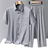 Conjunto de Camisa Satinada de Manga Corta para Hombres de Mediana Edad y Mayores, Atuendo de Verano para Papá, Camisa Casual Delgada de Seda de Hielo, Conjunto de Dos Piezas para Abuelo