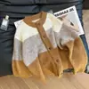 Elegante Cárdigan de Punto a Rayas Color-Block para Mujer, Nueva Colección de Invierno, Estilo Vintage Casual, Chaqueta Corta de Punto Versátil para Mujer, Otoño