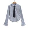 AP23236-23 Otoño Nueva Camisa informal holgada de manga larga con solapa a rayas y microtirón estilo americano