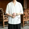 Camiseta de verano fina estilo chino bordada de manga corta con cuello en V talla grande Camisa Hanfu de manga de cinco cuartos holgada para hombre